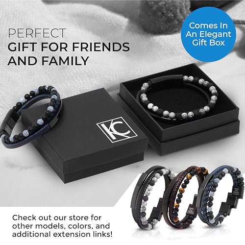 Men’s Leather & Bead Bracelet | Adjustable Magnetic Clasp | Braided Wristband with Tiger Eye & Lava Rock Stones | Engraved Stainless Steel Cuff Bangle Black Brown Blue Silver | Gift for Him4