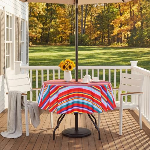 Image of Poise3EHome 60 inches Outdoor /Indoor Waterproof Spillproof Round Tablecloth with Umbrella Hole for Camping, Picnic, Christmas Tree Skirt, BBQ, Color Stripe