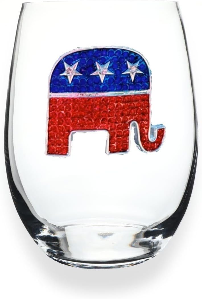 THE QUEENS' JEWELS Republican Elephant Jeweled Stemless Wine Glass, 21 oz. - Unique Gift for Women, Birthday, Cute, Fun, Not Painted, Decorated, Bling, Bedazzled, Rhinestone