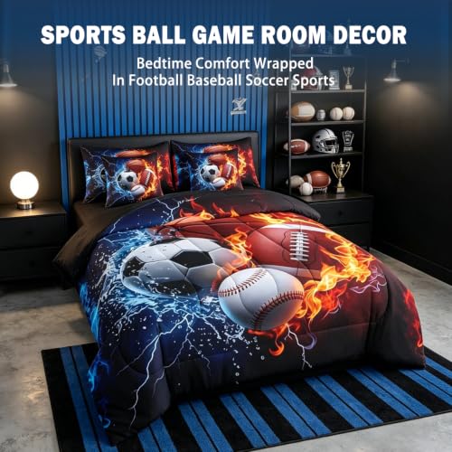 Image of Feelyou Boys Sports Comforter Set with Sheets 7 Piece Queen Size Football Baseball Soccer Bed in a Bag Kids Boys Girls Basketball Bedding Set Ball Game Sports Bedroom Decor Breathable Soft Microfiber