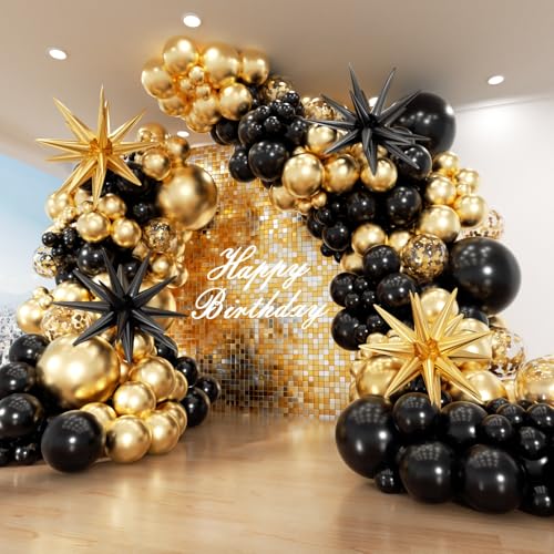 Image of Black and Gold Balloon Arch Garland Kit 153pcs with Star, 22 18 12 10 5in Different Size Black and Gold Confetti Latex Balloons for Birthday Anniversary Graduation New Year Party Decoration
