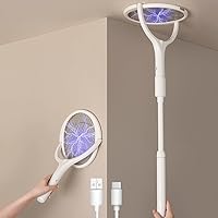 GeckoMan Rechargeable Electric Fly Swatter with Rotating Head & Telescopic Handle - Indoor Bug Zapper Racket for Flies, Mosquitoes