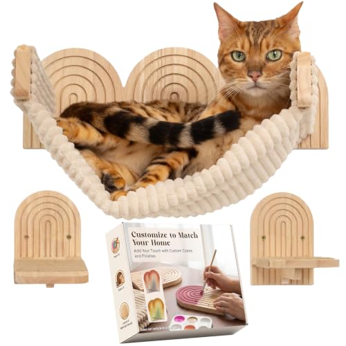 XOCOCO Wall Mounted Cat Hammock Bed with Steps - Wooden Wall Shelf for Cats - Paintable Natural Rubberwood - The Perfect Perch for Cats & Kittens