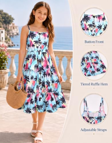 Image of Enlifety Girls Dress Hawaiian Spaghetti Straps Dresses Summer Sundress Size 6 12T