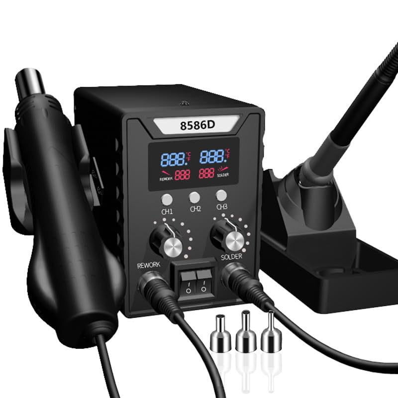 ELEPHANTBOAT 2 in 1 Hot Wind Gun Solder Iron SMD Rework Soldering Station Kit 700W/220V Tabletop Hot Wind Gun Tin Solder Iron Working Soldering Station with Dual LCD Digital Display