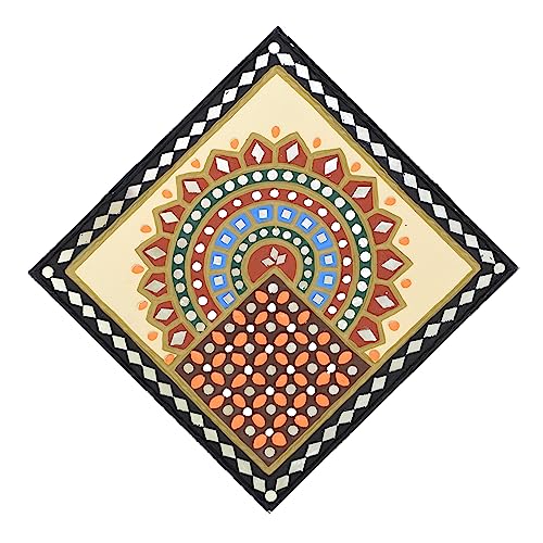 Image of Ethnics of Kutch Traditional Kutch Handicraft Mud-Mirrorwork Lippan Kam Wall Art (Water and Break Resistant) - Square (12 inch x 12 inch) - (Black - LKT-0238)