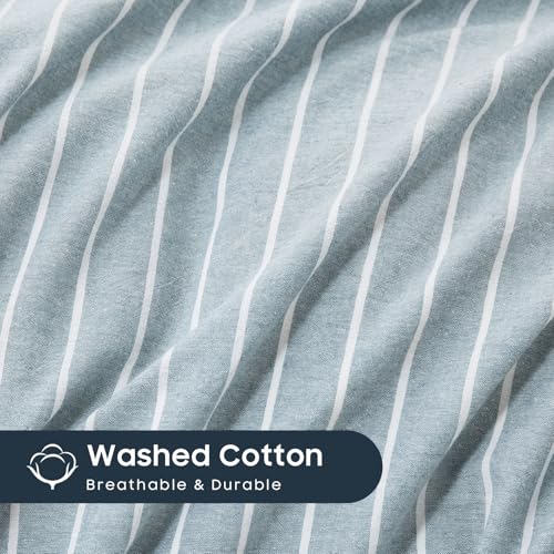 Image of Wake In Cloud - Striped Cotton Duvet Cover Set, Ticking Stripe Vertical Pinstripe Farmhouse, 100% Washed Cotton Textured Bedding Set, 3 Pieces, Blue, Twin /Twin XL Size