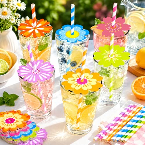 60 sets de pitillos de papel con diseño floral y rayas miniatura 6