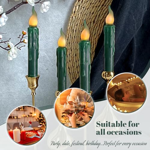Image of Real Wax LED Flameless Short Taper Candles with Remote, 6.7 Inches Green Candlesticks, Dripless Battery Operated Flame Rustic Primitive Flameless Lights Holiday Decor, Pack of 2