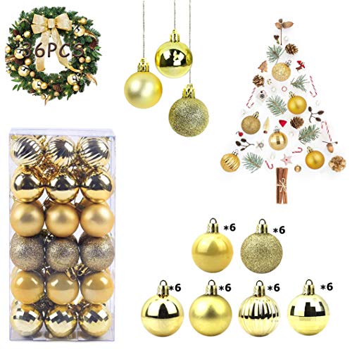 WELLXUNK Bolas de Navidad, 36 Bolas de Decoración Navideña, Bolas de Adornos Navideños BrillantesNavideño para Colgar en la Pared Adornos (Dorado)
