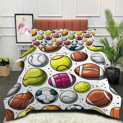 Couette Toutes Saisons Ballons De Sport Dessinés À La Main Couette Style De Dessin Animé - Édredon Douce et Respirante Lavable en Machine avec 1 Taie d'oreiller 65x65 cm, Multicolore, 140x200cm