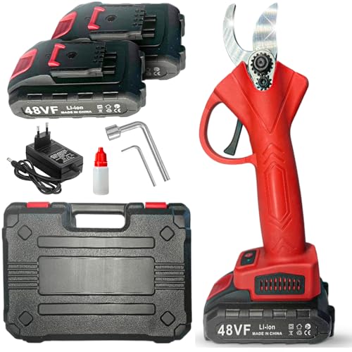 Tijeras de podar eléctricas con 2 baterías de 48 V y maletín, tijeras portátiles profesionales – Corte preciso y asistencia de batería inmediata (Rojo)