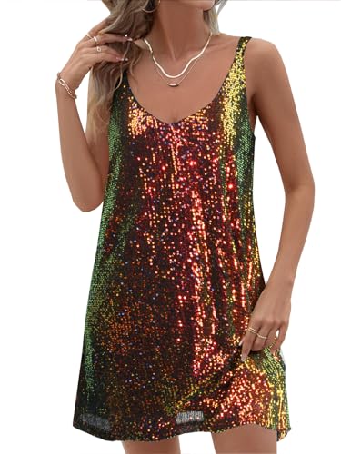 MIYIEONZ Women Sequin Sexy V Neck Shift Dress Sparkly Glitter Sleeveless Short Flowy Loose Party Night Out Club Dress Black(with Gold Blue)