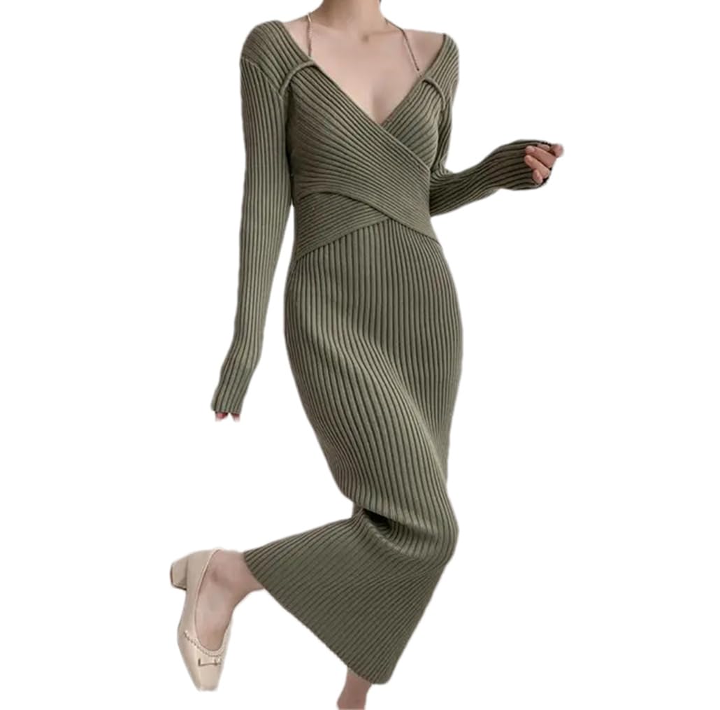 Abito da donna a maniche lunghe con scollo a V, lavorato a maglia, per autunno e inverno, tinta unita