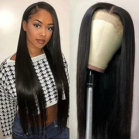 34 Inch Lace Front Wigs Human Hair Straight 4x4 HD Lace Closure Wigs Human Hair Pre Plucked with Baby Hair 180% Density Glueless Brazilian Virgin Straight Human Hair Wigs for Black Women Natural Color Cover