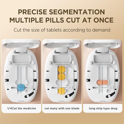 Image of Pill Cutter Splitter for Small and Tiny Pills, 1 /2 1 /4 Pill Splitter for Small Pills,Vitamins, Tablets in Half or Quarters, Accurate and Easy Cutting, Stainless Steel Blade, Back Storage (White)