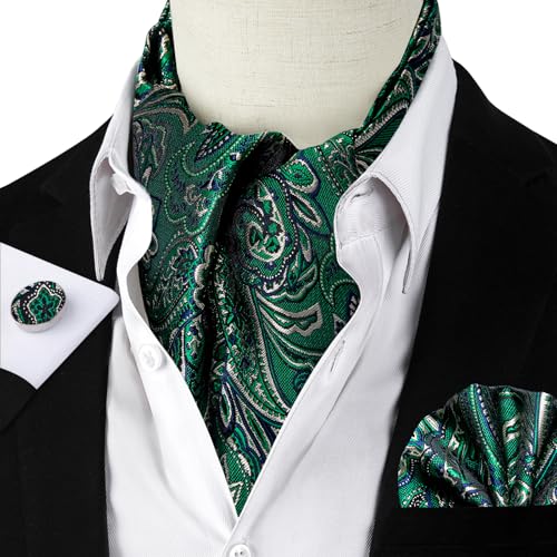 Image of DiBanGu Mens Silk Ascot Ties Paisley Jacquard Woven Cravat and Pocket Square Cufflinks with Lapel Pin for Business Wedding