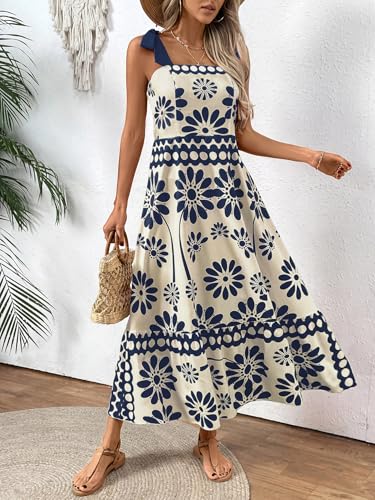 Image of Women's Floral Print Maxi Dress - Adjustable Tie-Shoulder, Lightweight Beach & Summer