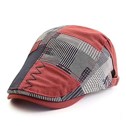 JNKET Men's Flat Cap Splicing Duckbill Cap Adjustable Newsboy Hats Casual Driving Cap (Wine red)