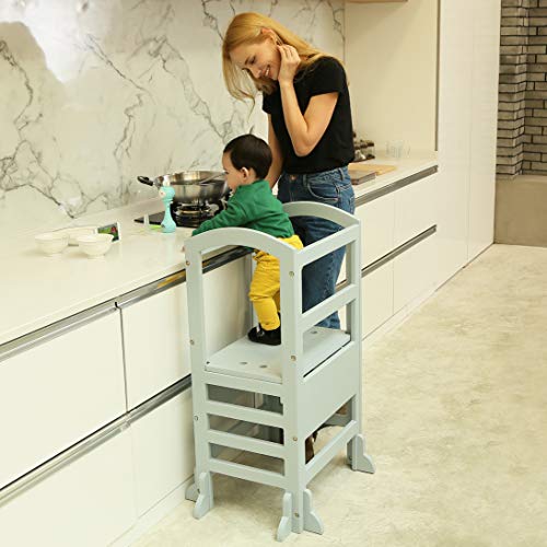 SDADI Height Adjustable Kids Learning Stool, Kids Kitchen Step Stool with Safety Rail-Solid Hardwood Construction | Soft Blue/Blue-Grey LT02G