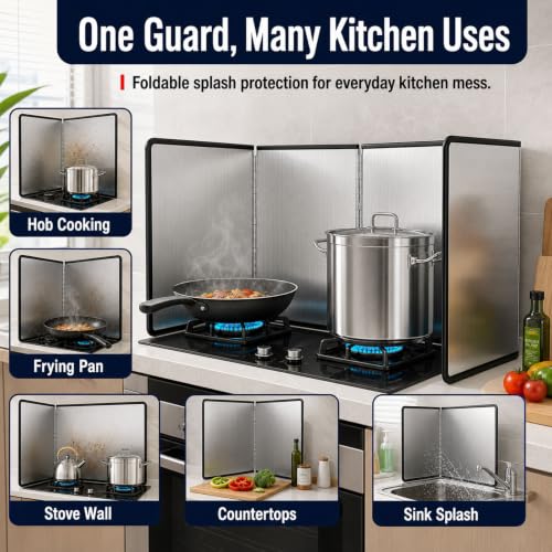 Protector salpicaduras cocina plegable y pantalla protectora trasera para freír en sartenes 7