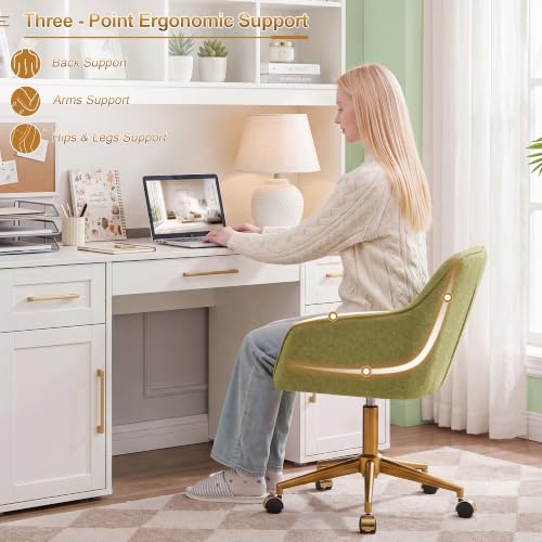 Image of Zesthouse Vanity Chair with Wheels for Girl Women, Swivel Office Desk Chair | Green Chenille Rolling Office Chair with Arms & Gold Base, Upholstered Fabric Desk Chair for Bedroom, Height Adjustable Chair
