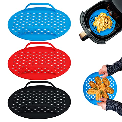 3 PCS Tampon en silicone pour friteuse à air avec poignée, Réutilisables Accessoire Friteuse Air Rond, Anti-adhésifs Doublures de Friteuse à Air, Perforé Tapis de Doublure de Friteuse à Air 7.9inch Cover