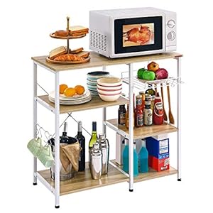 Mr IRONSTONE Bakers Rack, 35.5″ Coffee Bar, 10 Hooks Microwave Stand with Wire Basket, 3-Tier Kitchen Storage Shelf, Kitchen Stand for Spice Rack Organizer Workstation, White Oak