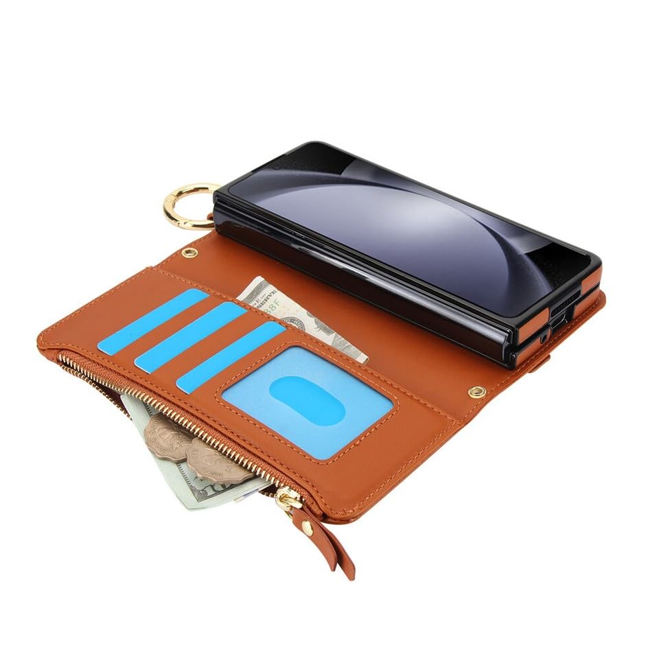 Housse portefeuille cuir Samsung Galaxy Z Fold 7 beige protégeant l'écran des rayures