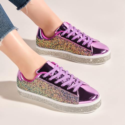 Image of UUBARIS Women's Glitter Tennis Sneakers Neon Dressy Sparkly Sneakers Rhinestone Bling Wedding Bridal Shoes Shiny Sequin Shoes