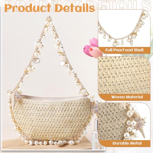 Abbylike Women Pearl Straw Clutch Purse, Summer Beach Evening Bag Beaded Straw Shoulder Handbag Women Shoulder Crossbody Bag for Wedding Summer Beach Travel Trendy Gift Party Favor3
