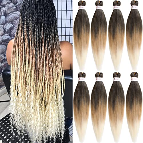 Unionbeauty Pre Streched Braiding Hair 30 Inch 8 Packs Ombre Brown Blonde Long Brading Hair Soft Yaki Texture Easy Braid Hair for Braids Hot Water Setting Synthetic Crochet Hair Extensions (1B27613)