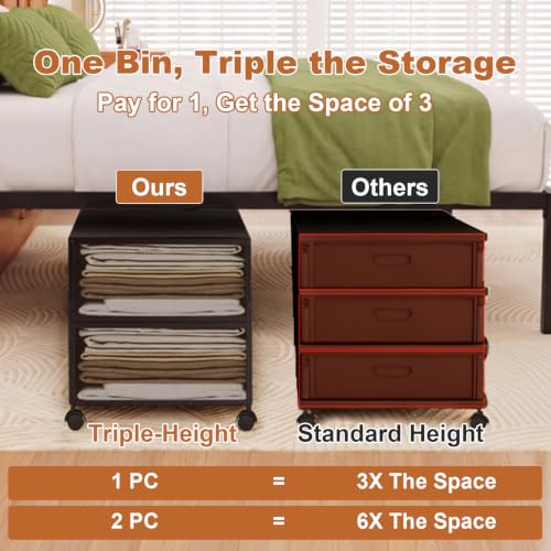 Image of Fokyfok 2Pack Under Bed Storage Containers,16 inch Height,31 inch Long | Under Bed Shoe Storage,Underbed Storage with Wheels,Large Rolling under bed Clothes Storage Drawers,Lid,Dorm Tall,Black