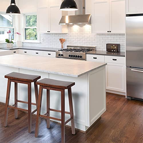 Image of PJ Wood - 24 in Backless Saddle Seat Counter Stools - Walnut 2-Piece Set | Solid Parawood, FSC-Certified, A-Frame Design, Built-In Footrests, 225 lb Capacity, Rectangular Shape, Easy Assembly