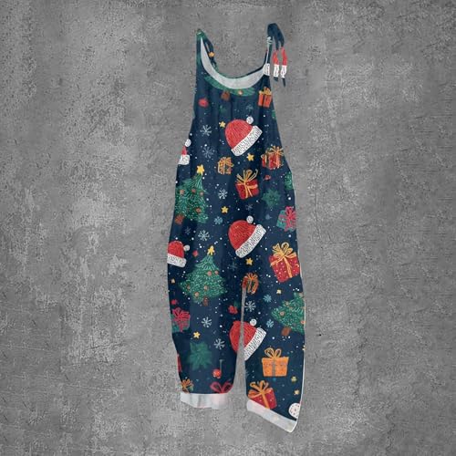 HUIFUAO Christmas Jumpsuit for Women Funny Santa Claus Reindeer Cat God Print Xmas Overalls Plus Size Christmas Outfits Sleeveless Spaghetti Strap Dungarees Festival Rompers (A02-Green, XXL) - Image 2