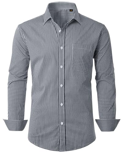 DEMEANOR Men's Plaid Button Down Shirts Cotton Long Sleeve Dress Shirt Regular Fit Wrinkle Free Business Casual Gingham Top