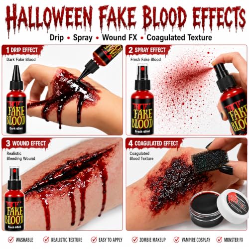 Halloween Fake Blood Kit,2.1oz Fake Blood Spray+2.1oz Dripping Blood+1.05oz Coagulated Gel Blood+12 PCS Horror Fangs+Stipple Spong,Realistic Effects Washable,for Clothes,Zombie Vampire Monster - image 3