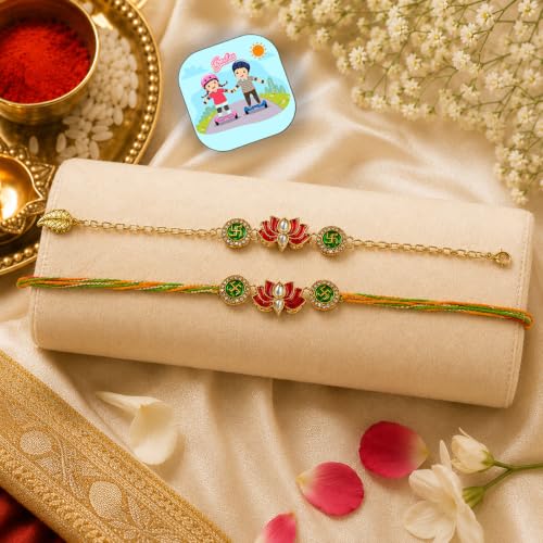Image of CraftVatika Rakhi Gift Combo Set for Brother and Bhabhi, Premium Designer Lotus Rakhis for Rakshabandhan, Stylish Lumba Rakhi for Bhabhi, Raki with Best Wishes Card and Tillak Set for Him