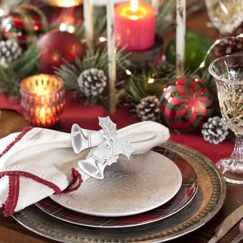 JUNEBRUSHS 12 Pcs Christmas Napkin Ring Set, Christmas Tree Reindeer Apple Snowflake Bells Snowman Napkin Holder for Family Dinner Easter Christmas Party Table Decorations (Silver)