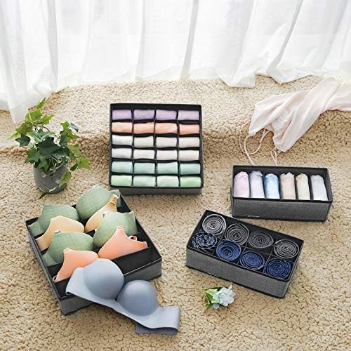 SONGMICS Set of 4 Drawer Dividers, Foldable Underwear Storage Organiser, for Bras, Panties, Socks, Ties, Linenette Non-Woven Fabric, Space-Saving, Black RUS004B01