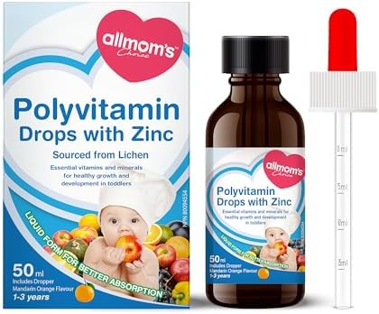 Allmom's Choice Polyvitamin Drops with Zinc, 1-3 Years, 9 Essential Vitamins (Vitamin A, B Complex, C, D3) and Mineral of Zinc, which are often lacking in a Children’s Diet. Great Taste in Easy-To-Take Liquid Form, 50-Day Supply