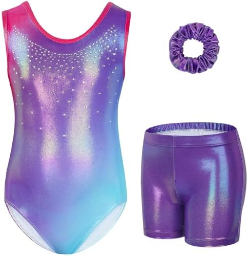 Gogokids Mädchen Drei Teiliges Gymnastikset, Ärmelloser Gymnastikanzug mit Shorts und Haarband, Ballett Tanzender Leotard Gymnastik Outfit mit Funkelnde für Mädchen, Ärmellose Trik