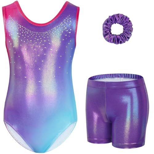 Gogokids - Set da ginnastica a tre pezzi per ragazze, body senza maniche con pantaloncini e fascia, vestito da ginnastica con design a colori scintillanti sfumati, età 3-12 anni, 130(120-130 cm,8-9Y)