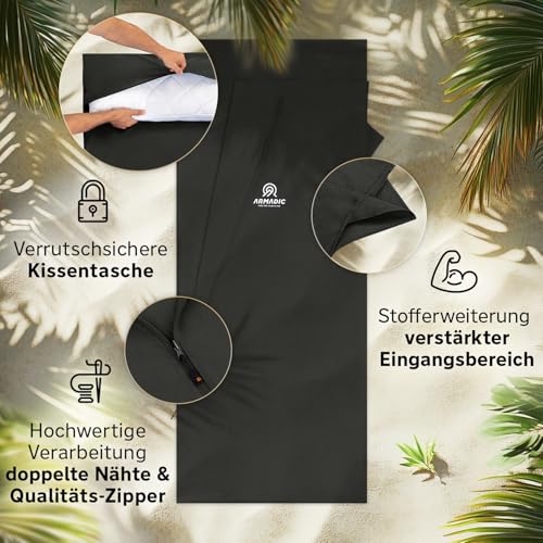 Armadic Hüttenschlafsack aus 100% Bio-Baumwolle mit Reißverschluss (nur 380g) - Ultra leicht, klein und dünn. Reiseschlafsack, Schlafsack Inlett I Ideal für Backpacking, Hostels und Berghütten (Grau)