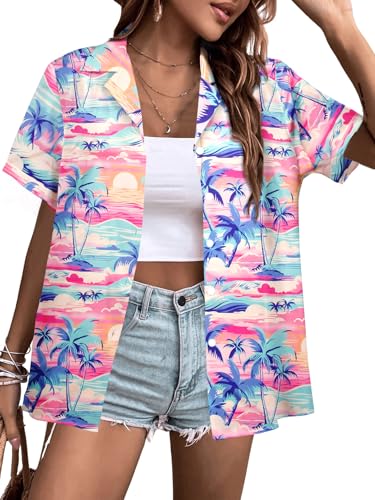 Image of ASTANFY Hawaiian Shirt Women Hawaii T-Shirt Tropical Floral Printed V Neck Shirts Soft Cool Summer Beach Button Up Blouse