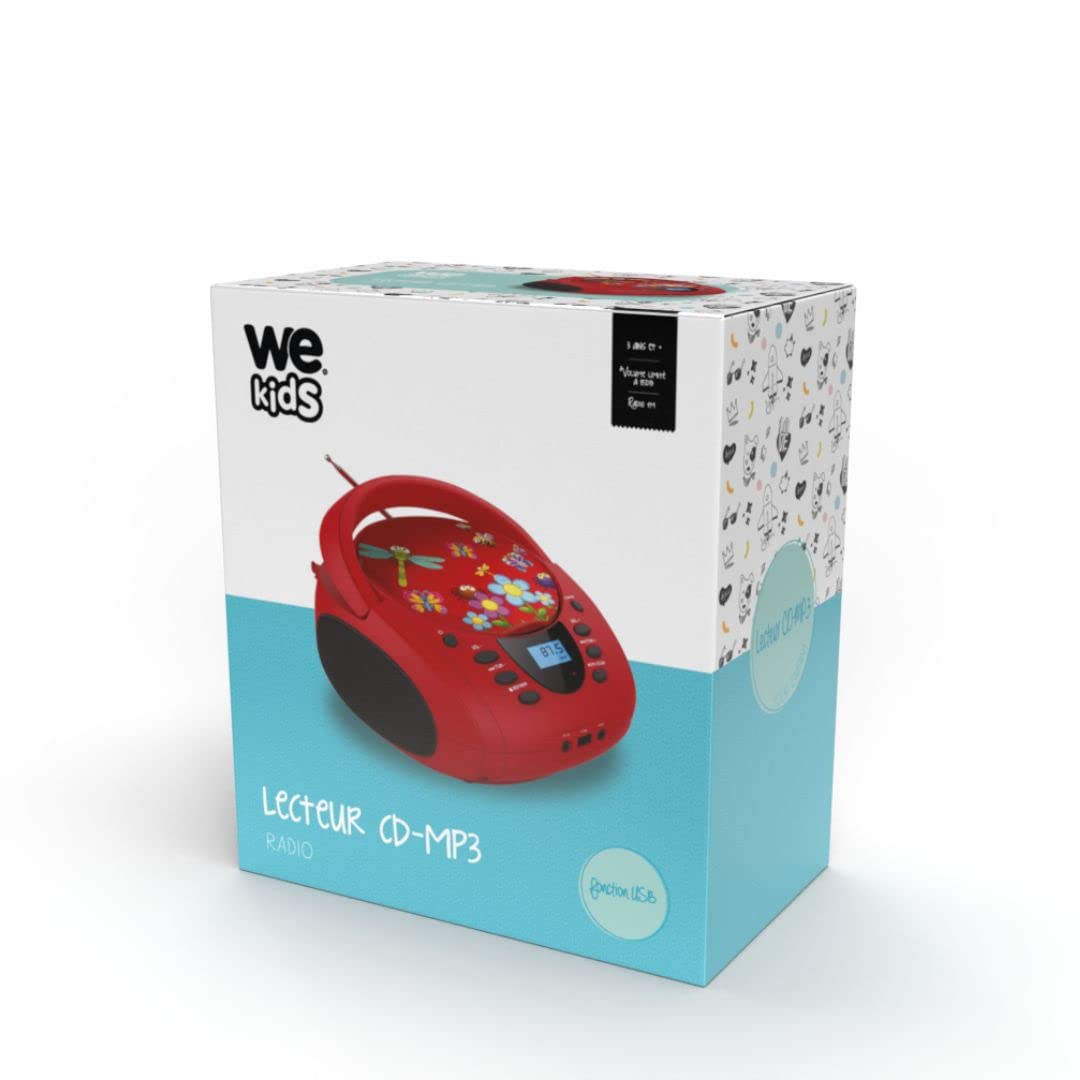 WE Lecteur - Radio CD - USB WeKids: FM, Lecteur CD/CD-R/CD-RW/MP3, RMS2*2W, entrée Aux et Micro, modèle Rouge Insecte