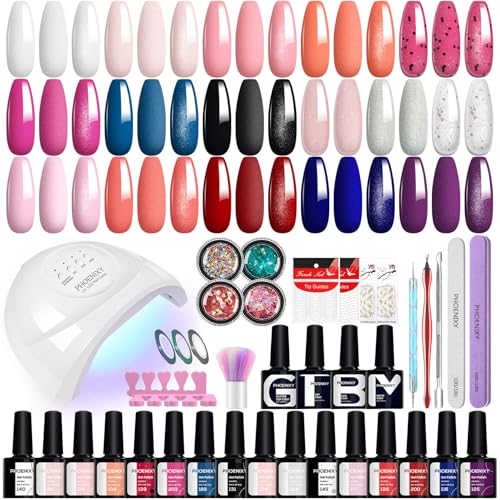 Phoenixy Uñas Semipermanentes Kit Completo con 48W Lámpara U V/LED 16 Colores Kit Uñas Semipermanentes con Base y Top Coat Brillante Mate y Glitter Kit Manicura Semipermanente