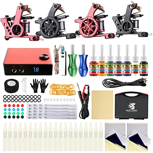 Solong Complete Tattoo Kit 4 Pro Machine Guns Power Supply Foot Pedal Needles with Carry Case TK465-US