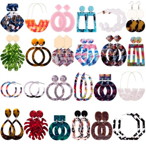 Duufin 24 Pairs Acrylic Earrings Resin Drop Dangle Earring Hoop Statement Earrings Polygonal Bohemian Fashion Jewelry Earrings for Women