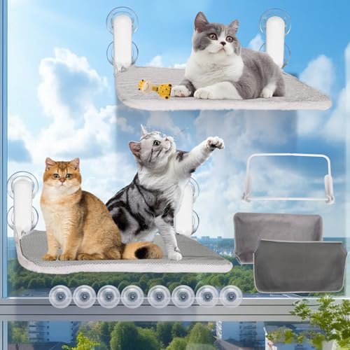 2PC Cat Window Perch, Cat Bed for Window cat Perch with 8 Suction Cups, Easy to Assemble 22.83